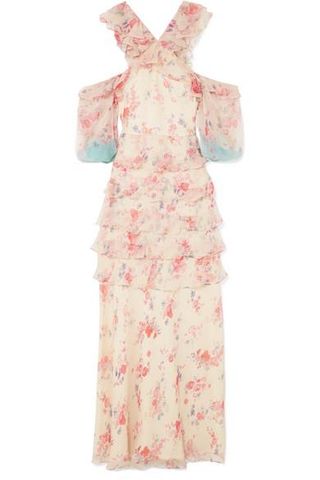 Vilshenko + Alisanna Cold-Shoulder Printed Crinkled Silk-Chiffon Gown