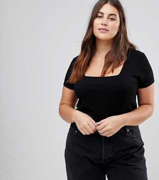 ASOS Curve + T-Shirt With Square Neck in Fancy Rib