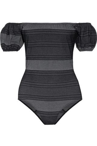 Lisa Marie Fernandez + Leandra Off-the-Shoulder Striped Cotton-Blend Denim Swimsuit