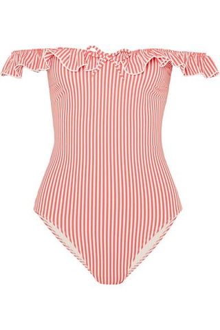 Solid & Striped + The Amelia Off-the-Shoulder Ruffle-Trimmed Seersucker Swimsuit