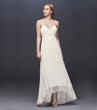 DB Studio + Short Beaded Strap Wedding Dress With High-Low Hem
