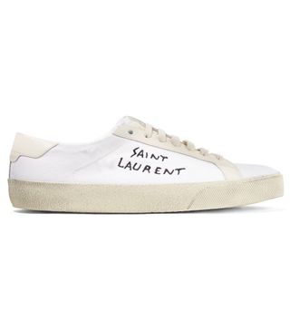 Saint Laurent + Court Classic Logo-Embroidered Leather and Distressed Cotton-Canvas Sneakers