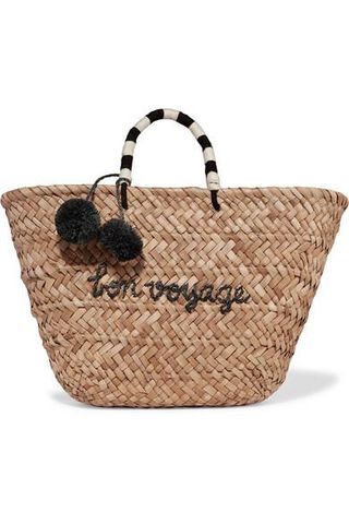 Kayu + St Tropez Pompom-Embellished Embroidered Woven Straw Tote