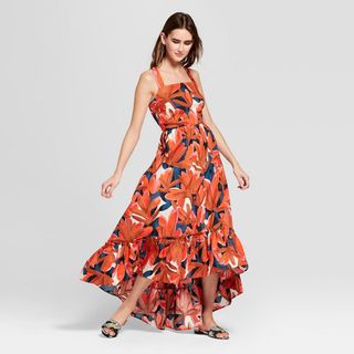 Who What Wear + Tropical Print Sleeveless Ruffle Hem Maxi Tank Dress