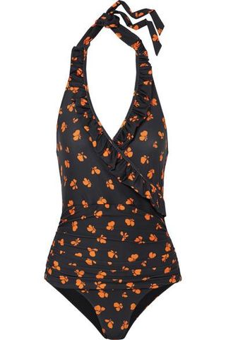 Ganni + Dexies Ruffled Floral-Print Halterneck Swimsuit