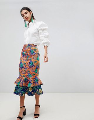ASOS + Midi Skirt With Double Ruffe