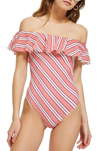 Topshop + Ruffle Off the Shoulder One-Piece Swimsuit