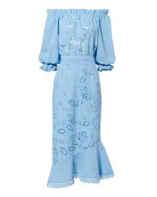 Saloni + Grace Off Shoulder Midi Dress Blue
