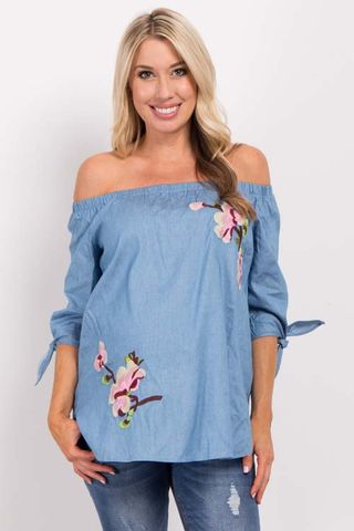 Pink Blush + Floral Embroidered Chambray Maternity Top