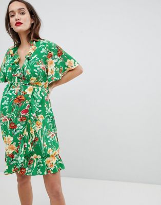 ASOS + Glamorous Bloom Wrap Front Mini Dress With Frill Hem in Floral