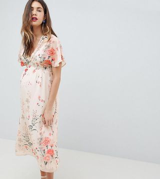 Queen Bee + Fluted Sleeve Midi Dress in Floral Print