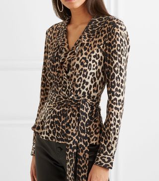 Ganni + Ruffled Leopard-Print Silk Wrap Top