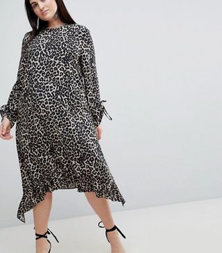 ASOS Curve + Soft Trapeze Midi Dress With Pep Hem in Leopard Print