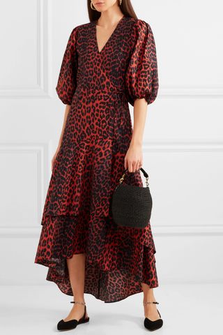 Ganni + Bijou Leopard-print Cotton-poplin Wrap Dress