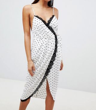 ASOS + Lingerie Wrap Midi Dress in Satin Spot Print