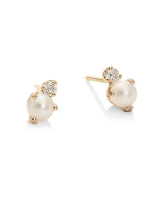 Zoë Chicco + White Diamond, 4MM Round White Freshwater Pearl 
14K Yellow Gold Stud Earrings