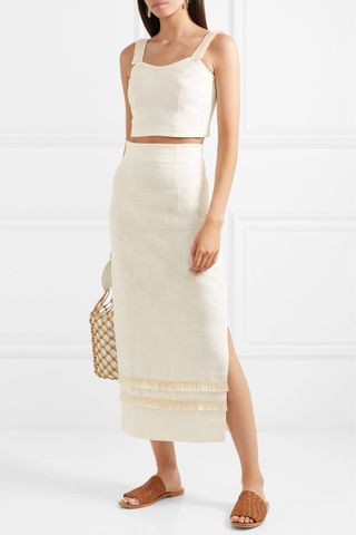 Staud + Coco Cropped Raffia-Trimmed Linen-Blend Top
