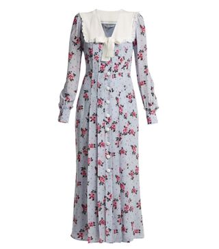 Alessandra Rich + Rose-Print Frill-Trimmed Silk Dress