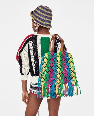 Zara + Multicolor Braided Bucket Bag