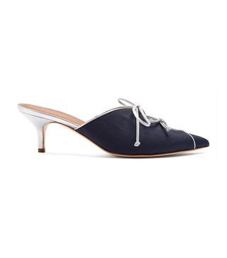 Malone Souliers + Victoria Moire Double-Bow Kitten-Heel Mules