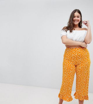 ASOS Curve + Pants With Fluted Ruffle Hem in Polka Dot