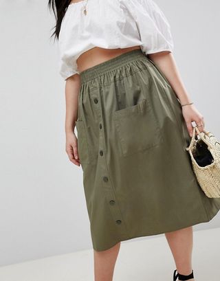 ASOS Curve + Cotton Midi Skirt With Button Front