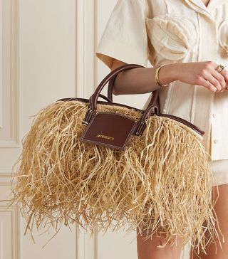 Jacquemus + Le Panier Soli Leather-Trimmed Fringed Raffia Tote