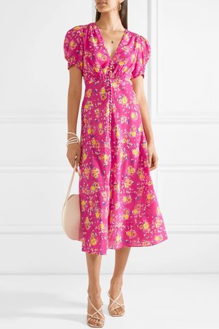 Saloni + Lea Floral-Print Silk Crepe de Chine Midi Dress