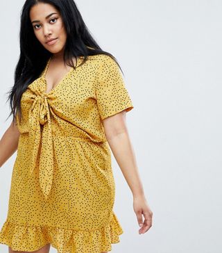 Glamorous Curve + Mini Tea Dress With Tie Front in Ditsy Spot