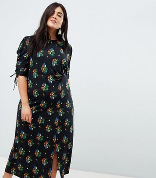 ASOS Curve + City Maxi Tea Dress With Split in Black Floral