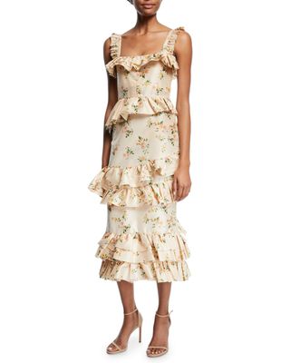 Brock Collection + Daria Floral-Print Tiered Taffeta Corset Midi Dress