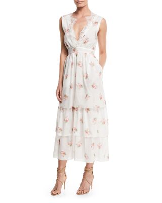 Brock Collection + Sleeveless V-Neck Floral-Print Tiered Dress With Lace Trim