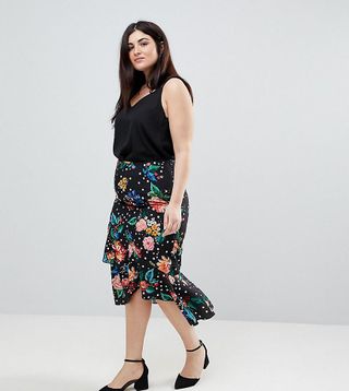 ASOS Curve + Midi Skirt With Ruffle Detail in Floral Polka Dot