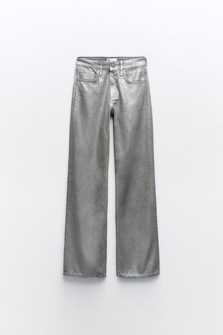 Zara + Metallic TRF Mid-Rise Wide-Leg Jeans