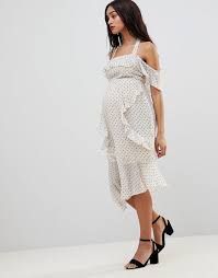 ASOS Design + Maternity Soft Pencil Midi Dress in Ruffle Polka Dot