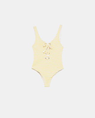 Zara + Striped Swimsuit With Tie