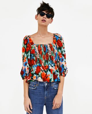 Zara + Elastic Blouse With Ruffles