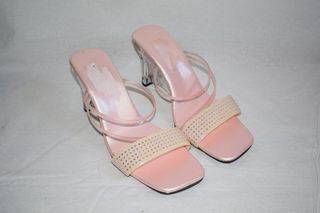 CherryVintagee + Vintage 90's Crystal Detailed Pink Strappy See Through Clear Heeled Mules Clear High Heels Strappy Heels