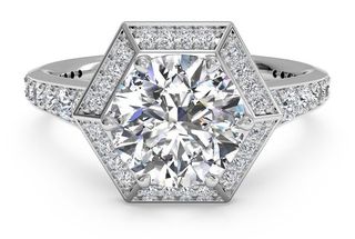 Ritani + Vintage Hexagonal Halo Vaulted Diamond Band Engagement Ring
