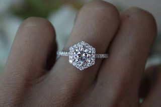 Raven Fine Jewelers + GIA 1.00 Carat Round Diamond & Hexagon Diamond Halo Engagement Ring