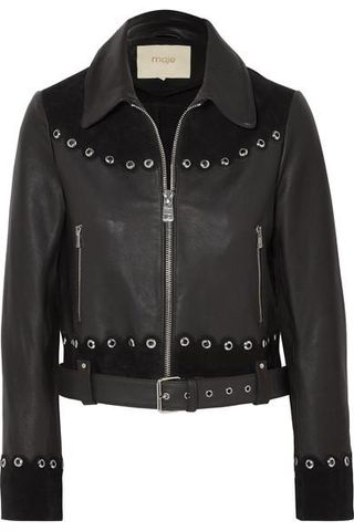 Maje + Embellished Suede-Trimmed Leather Jacket