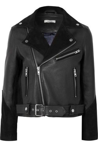 Ganni + Lloyd Suede-Paneled Textured-Leather Biker Jacket