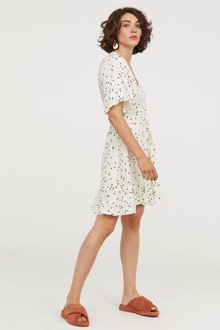 H&M + Wrap Dress With Flounce in Cream/Dotted