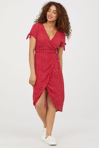 H&M + Crêped Wrap-Front Dress in Red/Dotted