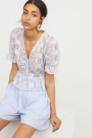 H&M + Blouse With Eyelet Embroidery in Ice Blue