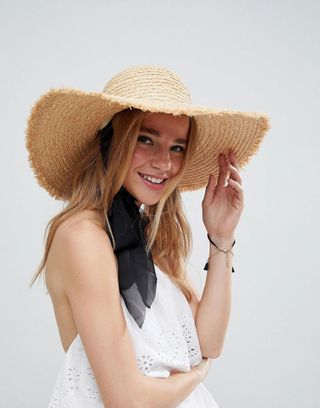 ASOS + Natural Straw Floppy Hat With Chin Tie and Size Adjuster