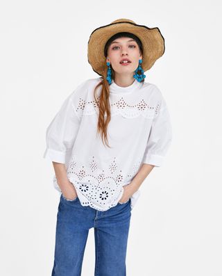 Zara + Embroidered Blouse With Perforations