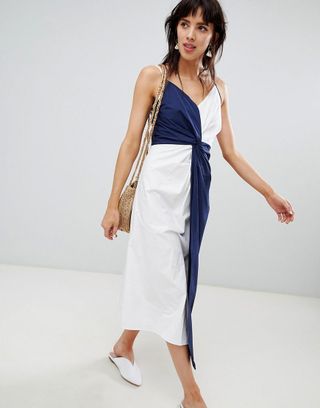 Warehouse + Midi Dress With Knot Detail in Navy and White