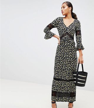 ASOS Design + Tall Maxi Tea Dress in Floral Print With Lace Inserts