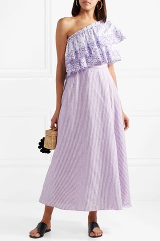 Gul Hurgel + One-Shoulder Broderie Anglaise-Trimmed Striped Linen Dress